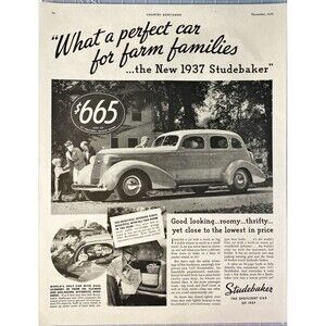 Studebaker "What a Perfect Car for Farm Families" Vintage Print Ad 1936